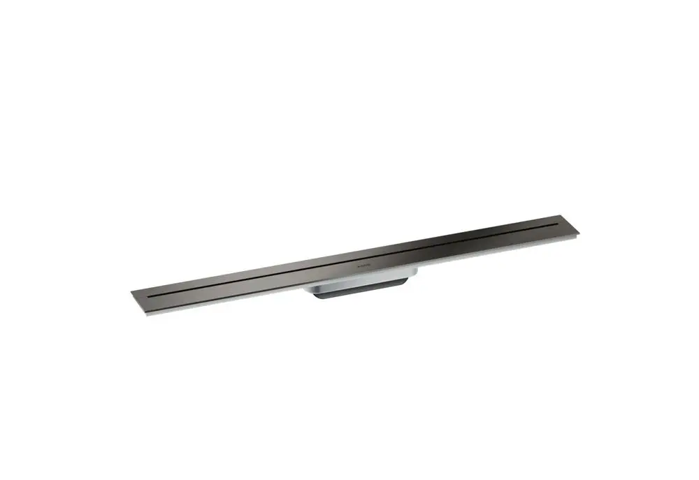 Drainage-System von AXOR in poliertem Schwarzchrom, ideal für die Wandmontage, präsentiert sich in einer langen, schmalen Form mit zwei rauen Öffnungen für den Wasserabfluss.